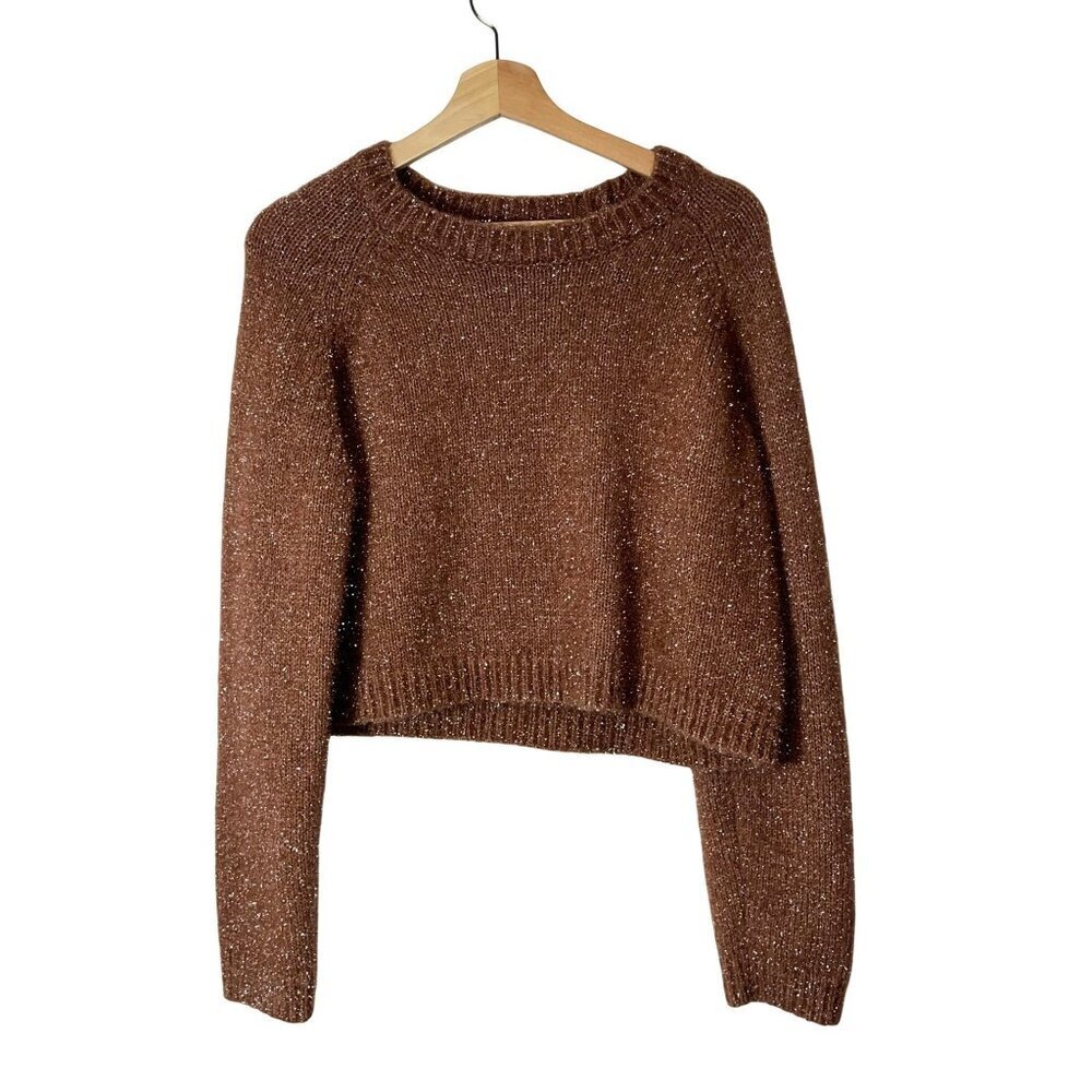 MIOU MUSE Womens Glitter Knit Crop Sweater  Size Large Broqn